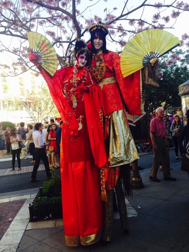 Vermillion and Gold Strolling Couple